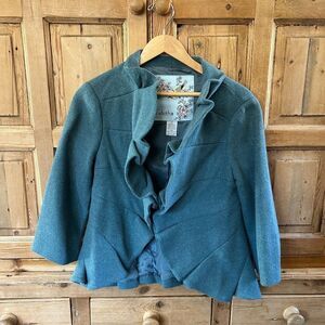 Anthropologie Tabitha 6 Terrace House Blue Aqua Ruffled Jacket Blazer Wool Blend